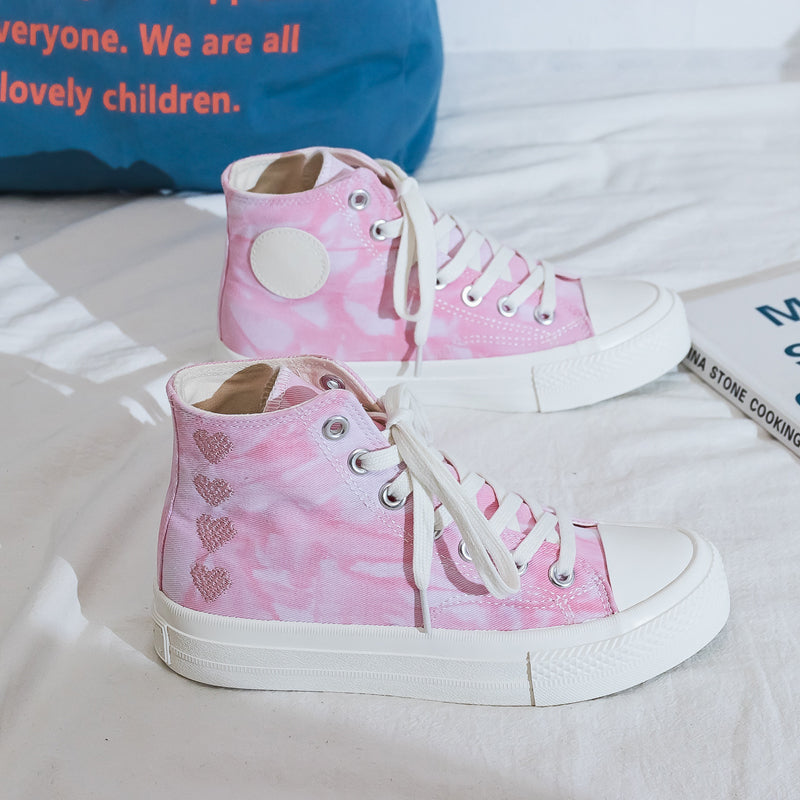 Pink/blue Tie-dye Love Embroidered Canvas Shoes UB2605