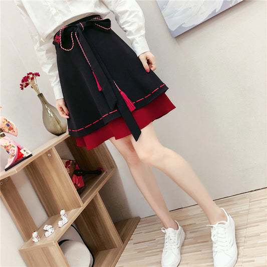"BLACK RED EMBROIDERED BELT" SKIRT N110605