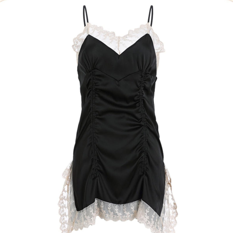BLACK/WHITE SEXY LACE PLEATED SLIP DRESS NIGHTDRESS UB2459
