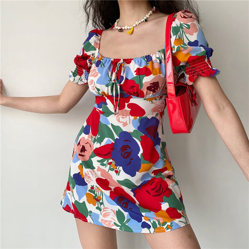 "SQUARE COLLAR PRINTED PUFF SLEEVE" DRESS UB2393