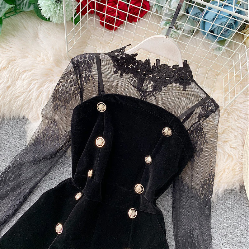 "BLACK LACE EMBROIDERED VELVET" JUMPSUITS N042404