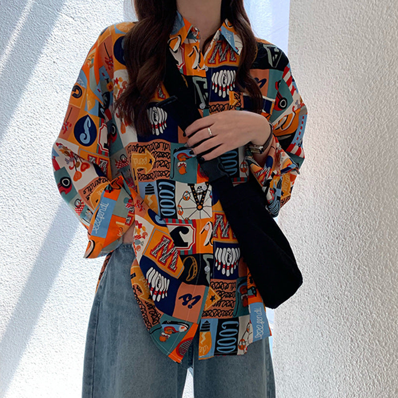 "VINTAGE ORANGE FLORAL LONG SLEEVE" SHIRT N042605