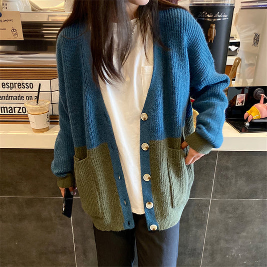 "BLUE GREEN COLORBLOCK" SWEATER CARDIGAN N092902