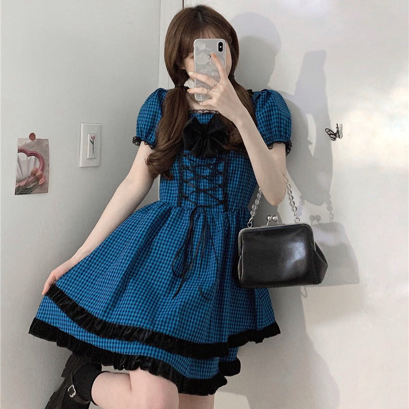 LOLITA BLUE PLAID BOW PUFF SLEEVE DRESS UB2731