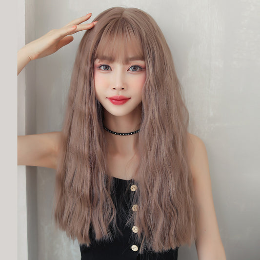 BROWN NATURAL BANGS LONG CURLY WIG UB2568