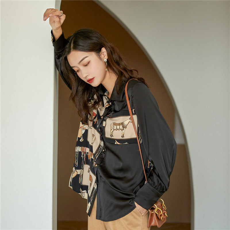 BLACK BROWN VINTAGE HORSE PRINT SHIRT UB2833
