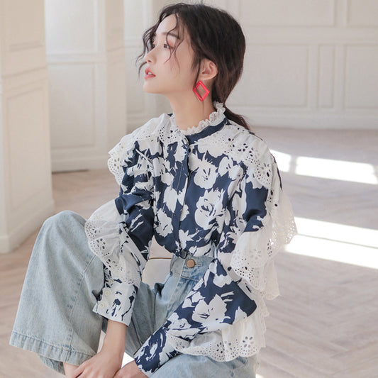 CHIC FLOWER PRINT LACE LONG SLEEVE SHIRT UB2835