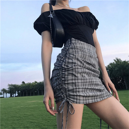 "RETRO PLEATED GRAY PLAID" SKIRT N051006