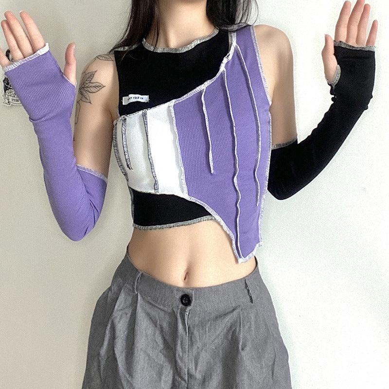 [@emily.ghoul ] "IRREGULAR CONTRAST COLOR STITCHING" CROP TOP ( FREE SLEEVES ) N111007
