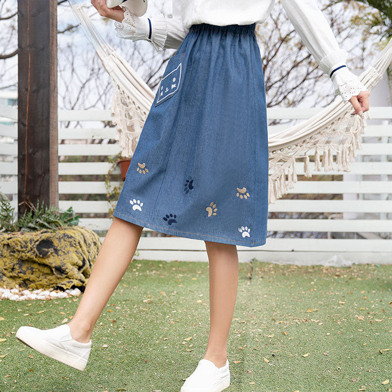 BLUE CAT FOOTPRINT EMBROIDERED DENIM SKIRT UB2498