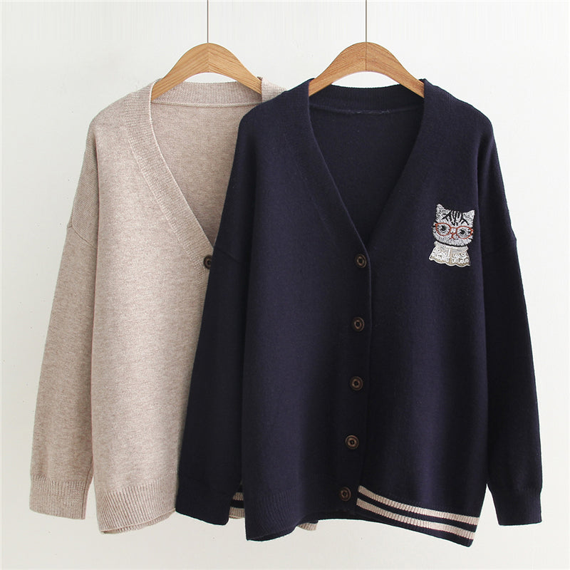 "CARTOON CAT EMBROIDERY KNITTED" CARDIGAN N123003