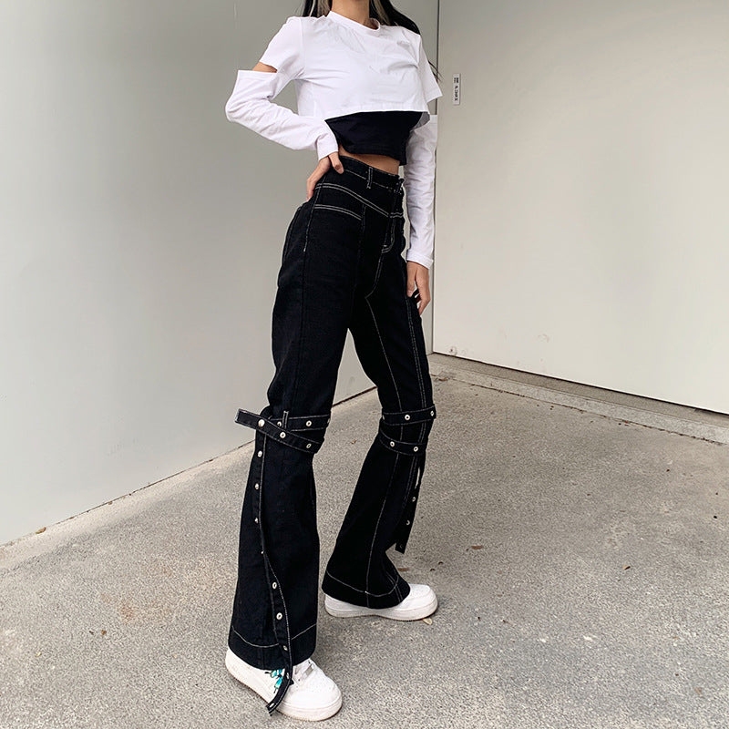 "DARK EYELET STRAPPY CASUAL" JEANS N033001