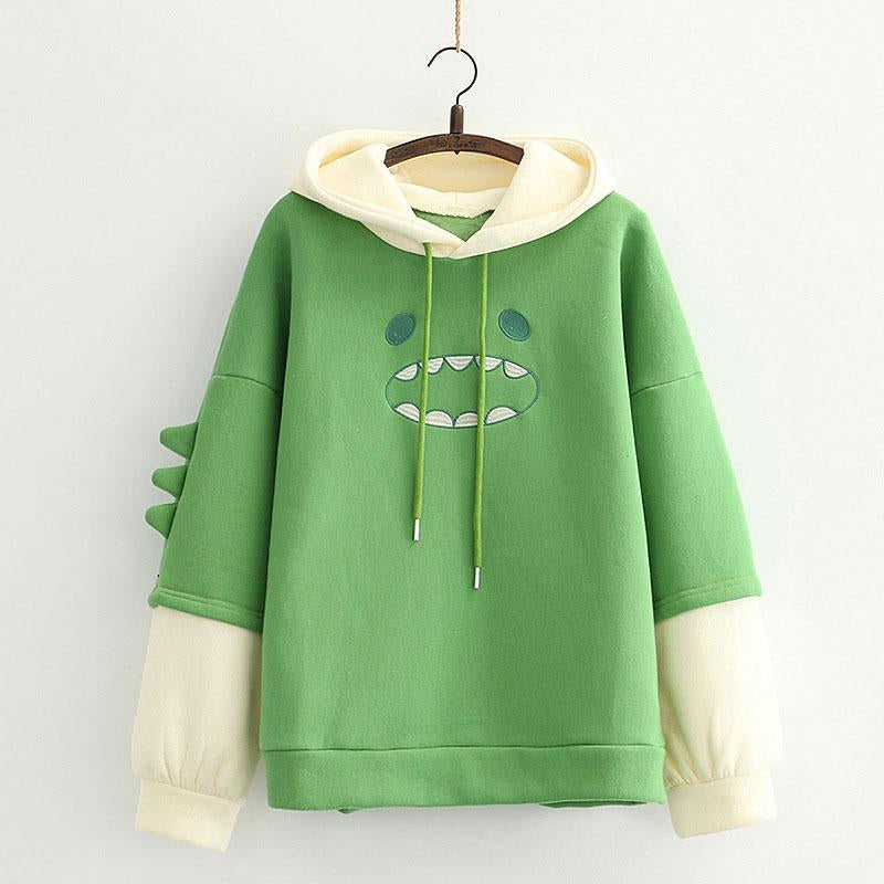 APRICOT GREEN STITCHING CUTE DINOSAUR HOODIE UB2641