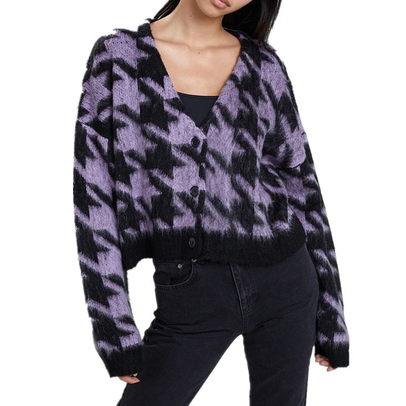 [@izabela_zabielska]"PURPLE BLACK HOUNDSTOOTH FURRY KNIT" CARDIGAN N110908