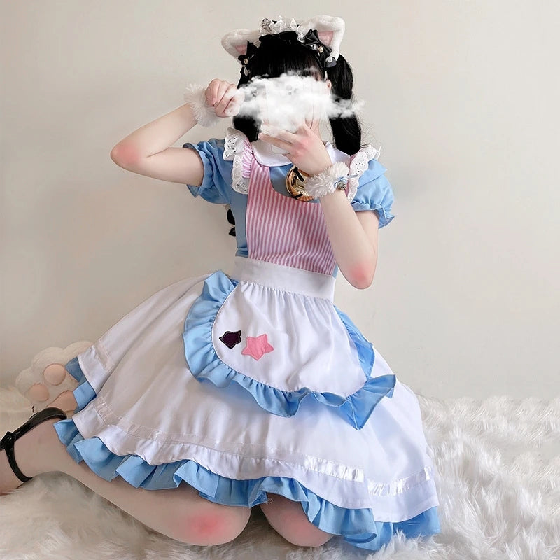 LOLITA BLUE WHITE STAR EMBROIDERY CAT MAID OUTFIT UB2781