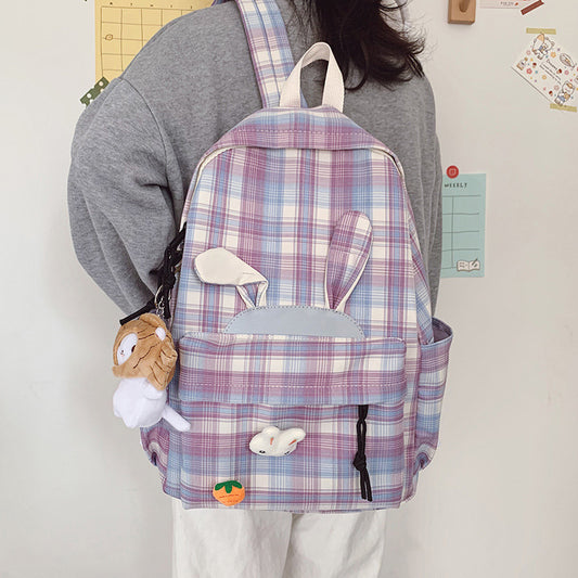 CUTE BUNNY EARS PLAID CHECK BACKPACK UB2597