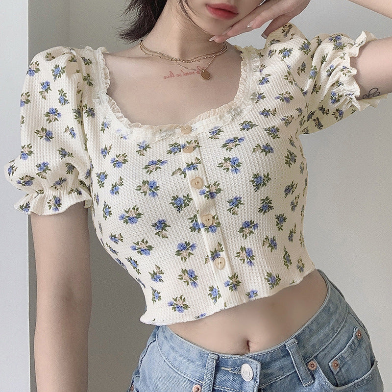 "HEART BUTTON PUFF SLEEVE FLORAL" TOP N072205