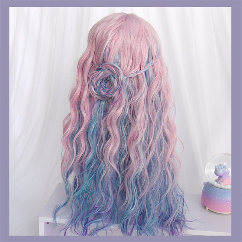 "PINK BLUE PURPLE MIXED GRADIENT LONG CURLY" WIG D051514