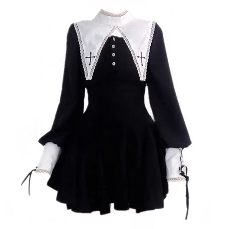 GOTHIC BLACK WHITE LACE STITCHING LACE DRESS UB2730