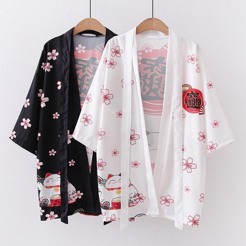 [@ronyahmononoke] BLACK WHITE SAKURA FORTUNE CAT CARDIGAN UB2639
