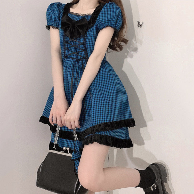 LOLITA BLUE PLAID BOW PUFF SLEEVE DRESS UB2731