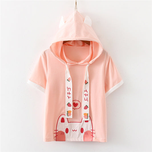 PINK CAT STRAWBERRY DRAWSTRING HOODIE UB2652