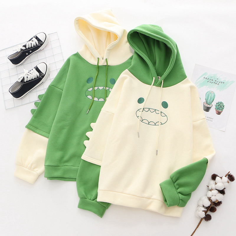 APRICOT GREEN STITCHING CUTE DINOSAUR HOODIE UB2641