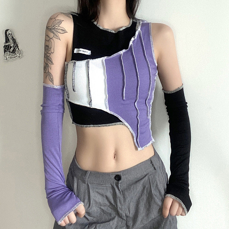 [@emily.ghoul ] "IRREGULAR CONTRAST COLOR STITCHING" CROP TOP ( FREE SLEEVES ) N111007