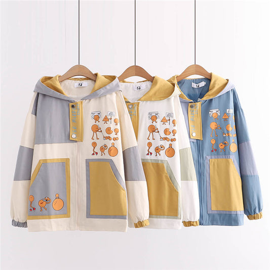 CUTE CARTOON PRINT COLOR BLOCK HOODED JACKET UB2795