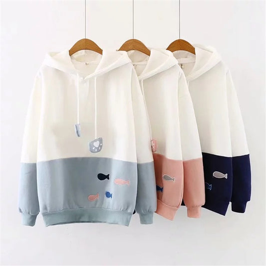 CUTE FISH EMBROIDERED LONG SLEEVE HOODIE UB2661