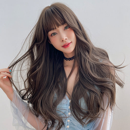 BROWN NATURAL BANGS LONG CURLY WIG UB2564