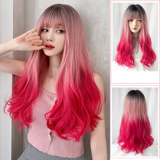 PINK GRADIENT BANGS LONG CURLY WIG UB2553