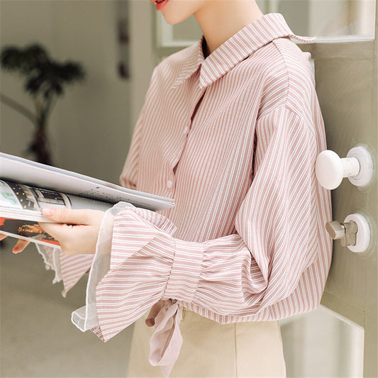 BEIGE/PINK STRIPED FLARED SLEEVE SHIRT UB2663