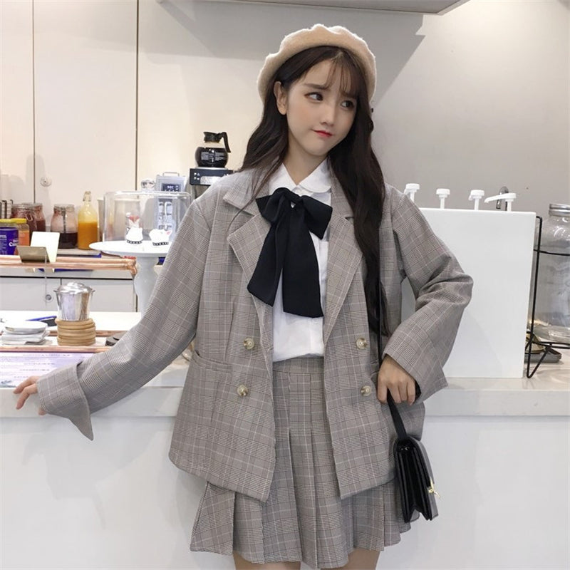 "COLLEGE STYLE PLAID SKIRT TWO PIECE" SUIT N111208
