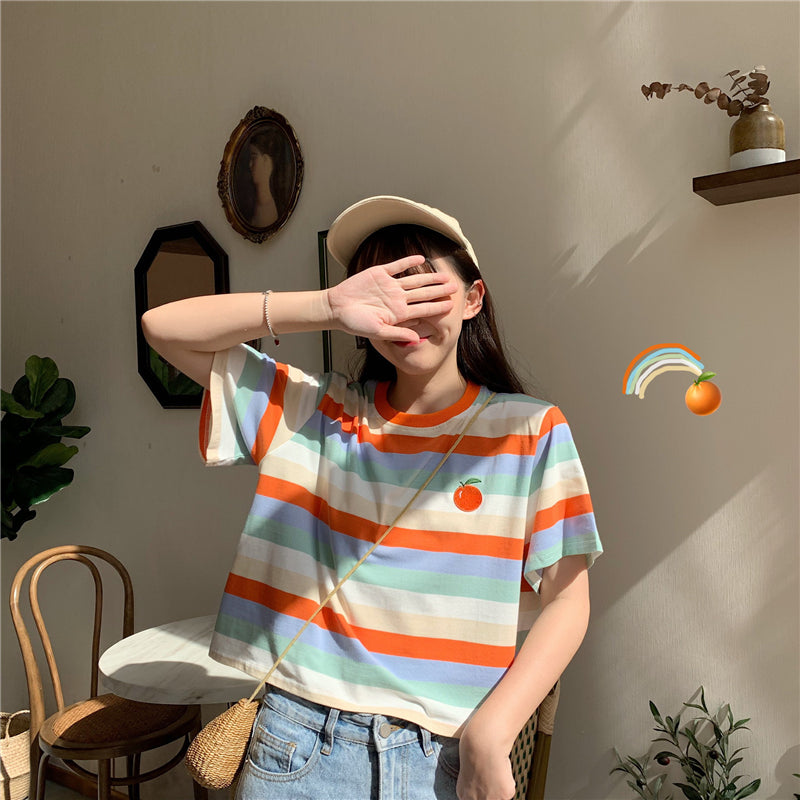 "RAINBOW STRIPED EMBROIDERY FRUITS" T-SHIRT N072209
