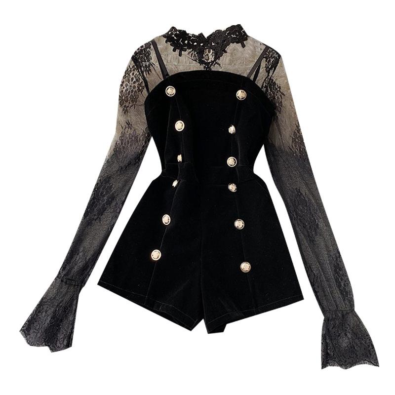 "BLACK LACE EMBROIDERED VELVET" JUMPSUITS N042404