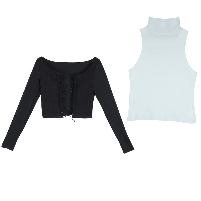"LACE UP LONG SLEEVES + WHITE VEST" OUTFIT N032302