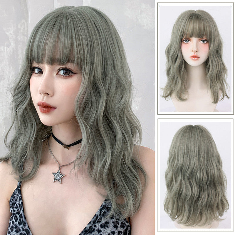 NATURAL LIGHT GREEN MID-LENGTH CURLY WIG UB2557