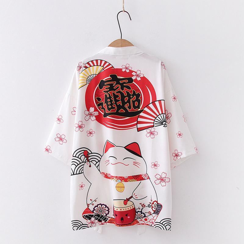 [@ronyahmononoke] BLACK WHITE SAKURA FORTUNE CAT CARDIGAN UB2639