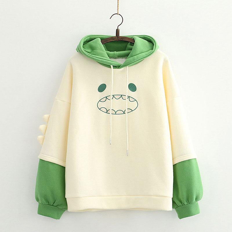 APRICOT GREEN STITCHING CUTE DINOSAUR HOODIE UB2641