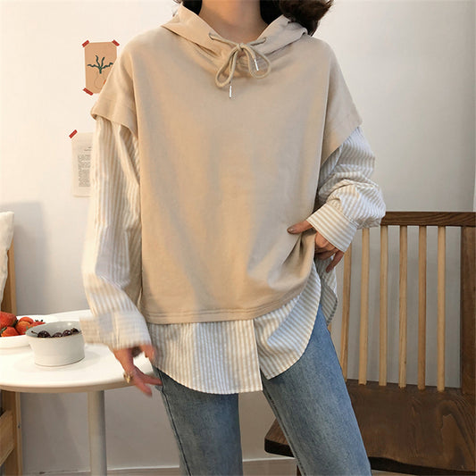 "COLORBLOCK STRIPED FAKE TWO-PIECE" HOODIE N091407