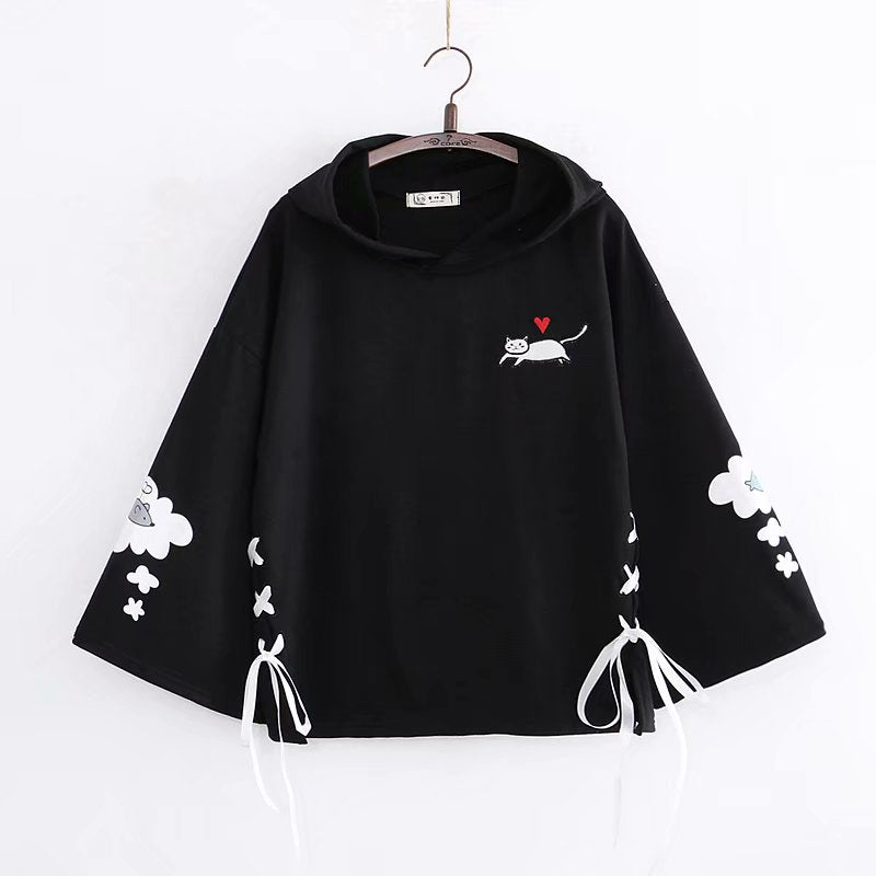 BLACK/WHITE LOVE CAT LACE HOODIE UB2679