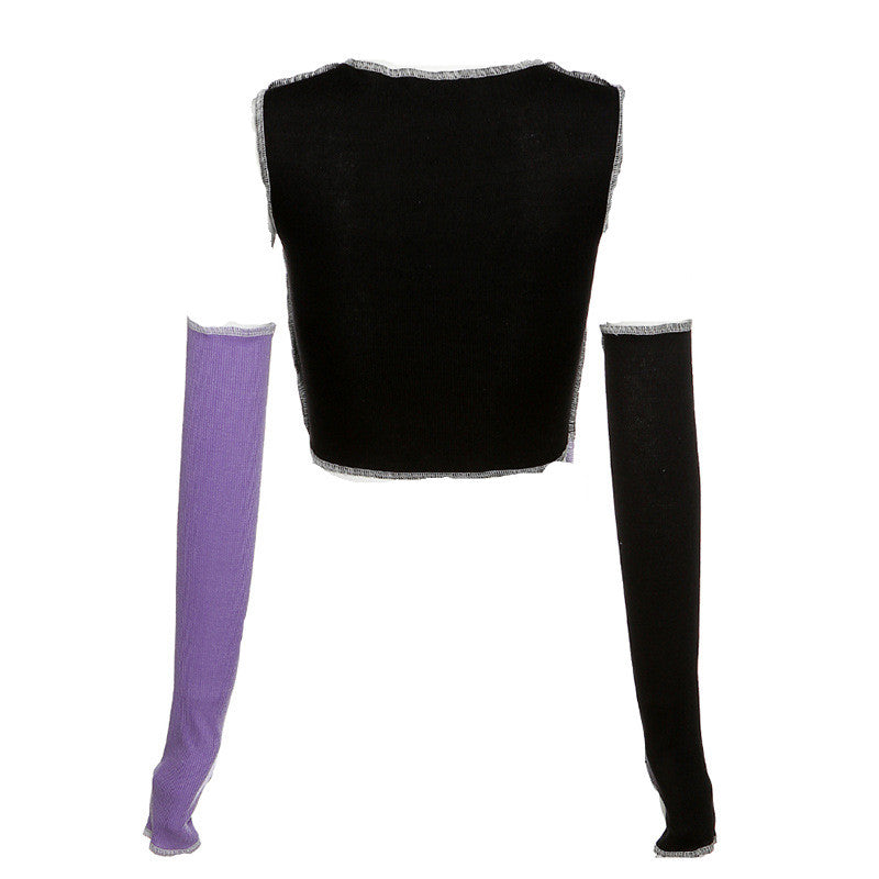 [@emily.ghoul ] "IRREGULAR CONTRAST COLOR STITCHING" CROP TOP ( FREE SLEEVES ) N111007
