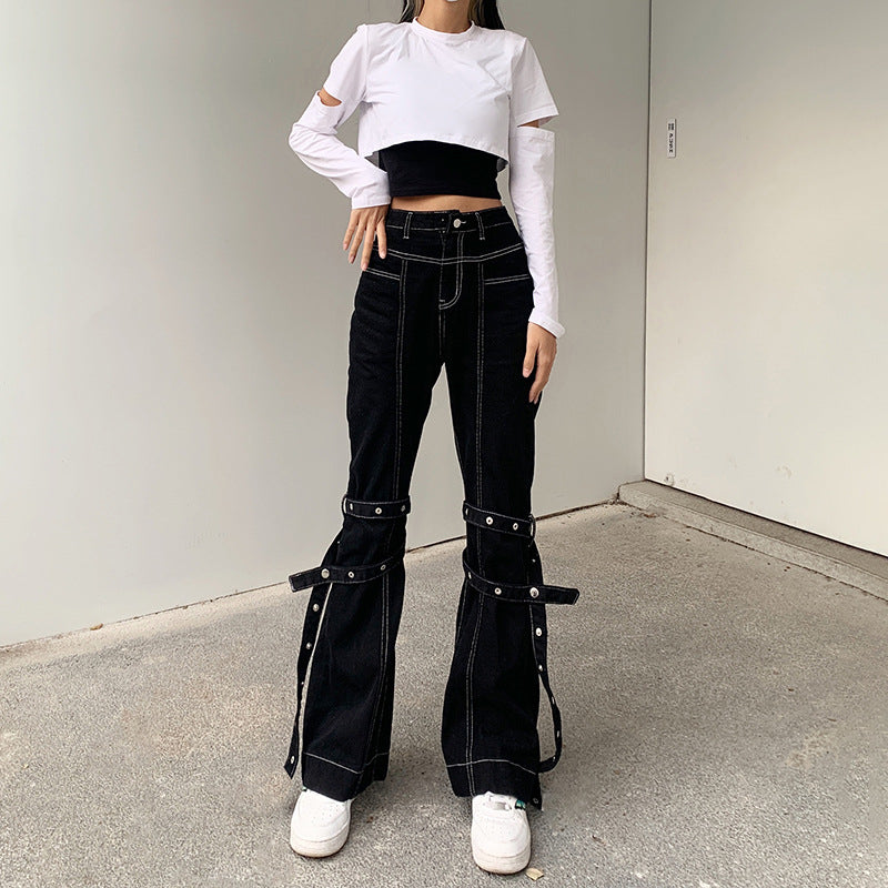 "DARK EYELET STRAPPY CASUAL" JEANS N033001