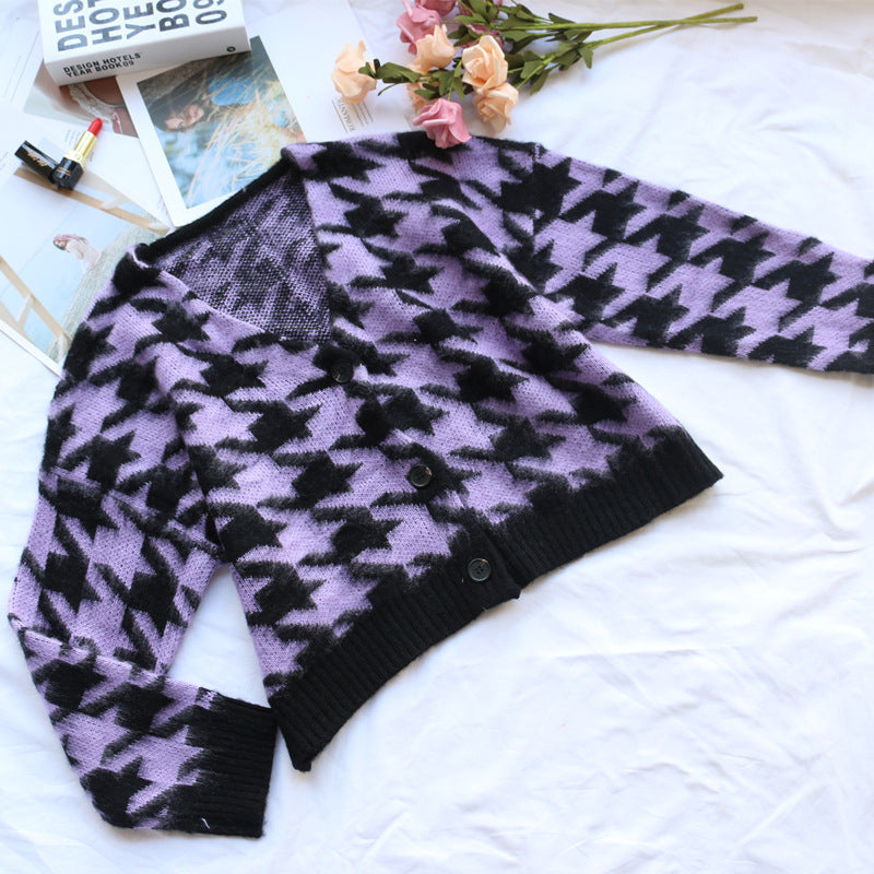 [@izabela_zabielska]"PURPLE BLACK HOUNDSTOOTH FURRY KNIT" CARDIGAN N110908