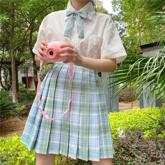 "JK LIGHT GREEN GRID" PLEATED SKIRT / TIE N073014