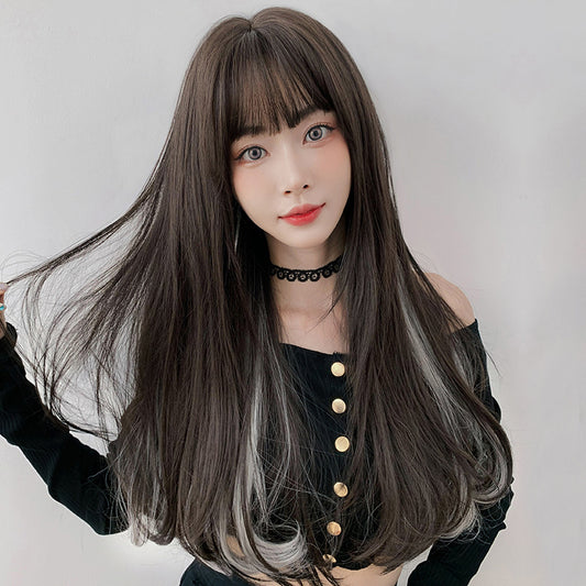 AIR BANGS BLACK WHITE LONG CURLY WIG UB2574