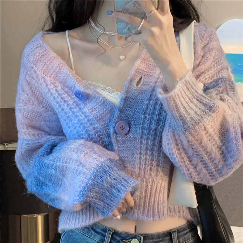 CHIC GRADIENT RAINBOW TIE-DYE KNITTED CARDIGAN UB2819