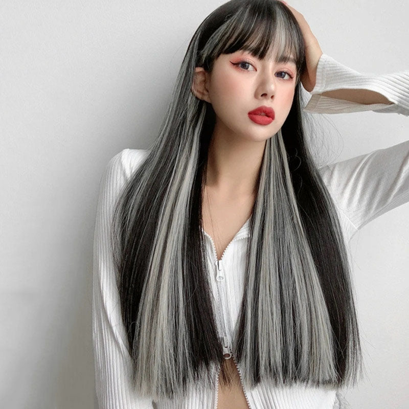 AIR BANGS GRAY BLACK LONG STRAIGHT WIG UB2484