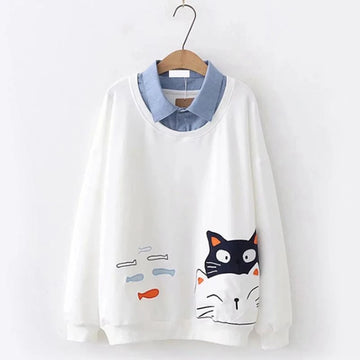 CUTE FISH CAT EMBROIDERED LAPEL SWEATER UB2674